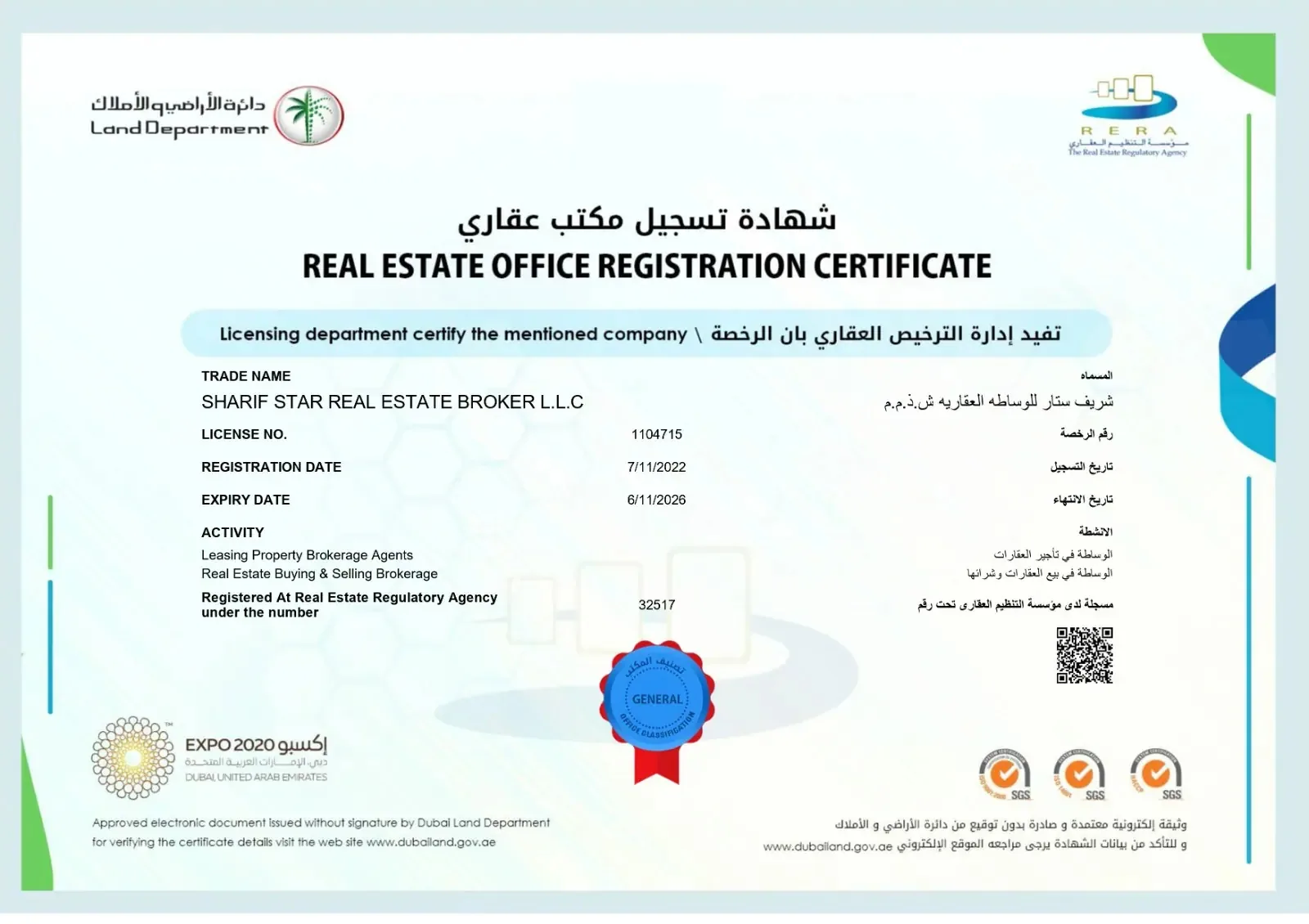 Sharif Star RERA License